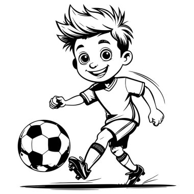 Neşeli çocuk futbol topunu tekmeliyor, spor temalı renkli sayfalar için ideal.