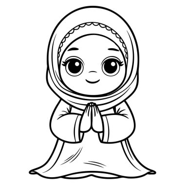 Güzel bir çizgi film kızı, tesettürlü, el ele tutuşan, saygılı, uzun bir elbise giyen ve içten gülümseyen.