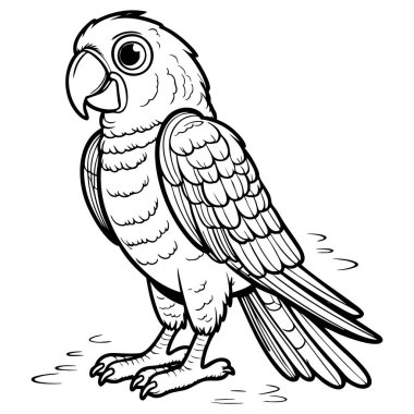 Dost canlısı bir papağan dik duruyor, kuş temalı renklendirme faaliyetleri için mükemmel.
