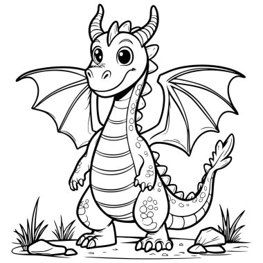 Kanatları ve dost canlısı bir yüzü olan ayakta duran bir ejderha. Çocuklar için fantezi temalı renkler için ideal.