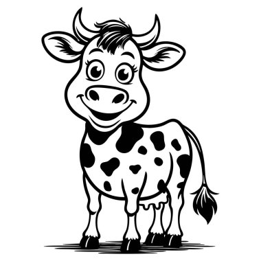 Büyük gözleri ve imzalı siyah benekleri olan şirin inek çizimi. Çocuklar için tarımla ilgili renklendirme kağıtları için ideal