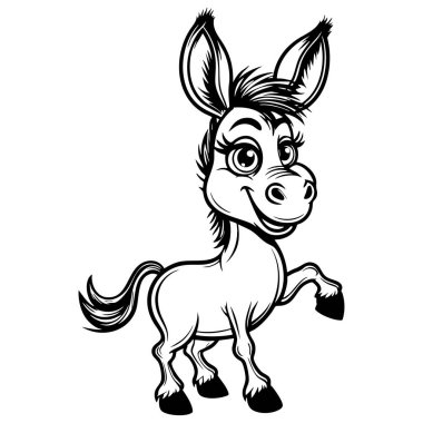 Çizgi film tarzında cana yakın bir eşek karakteri, gülümsüyor ve tek bacağını kaldırıyor. Renklendirme ve çiftlik temalı dersler için harika