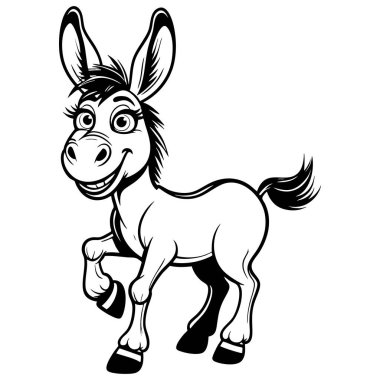 Çocuklar için kaldırılmış toynak ve dostça bir ifadeyle mutlu bir eşek ayakta duruyor.