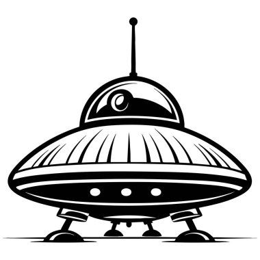 İniş bacakları ve antenli Retro tarzı UFO çizimi, bilim kurgu temaları veya boyama sayfaları için ideal