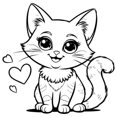 Sevimli çizgi film kedisi mutlu bir şekilde oturuyor, çocukların boyama sayfaları ve şirin temalı sanat eserleri için mükemmel.