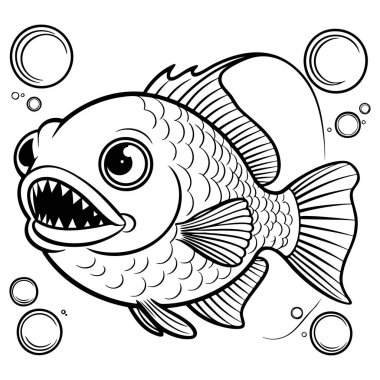 Kabarcıklarla çevrili büyük gözlü ve keskin dişli karikatür tarzı balıklar eğlence ve sualtı temalı renkler için mükemmeldir.