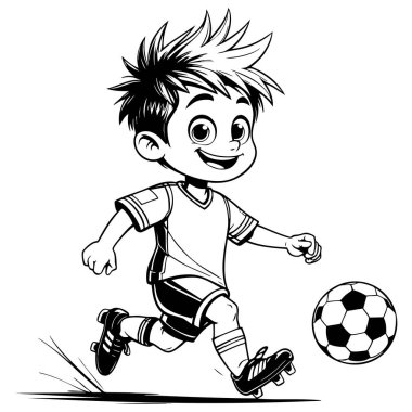 Neşeli çizgi film çocuğu futbol oynuyor, topla tam aksiyon pozisyonunda koşuyor, spor temalı renkler için ideal.