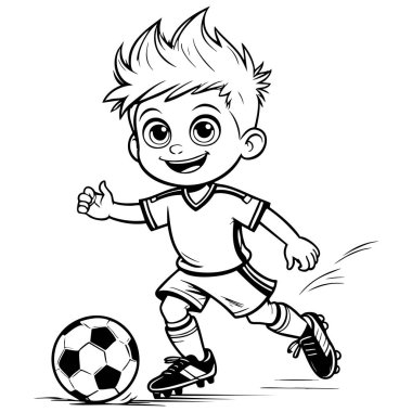 Dik saçlı mutlu çocuk futbol oynuyor, enerji dolu.