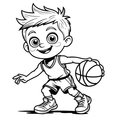 Basketbolu seven, çeviklik gösteren ve top sürme hareketine odaklanan canlı bir çocuk.