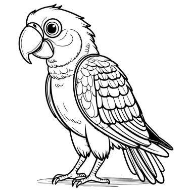 Karmaşık tüylü detaylar ve dostane duruş içeren bir papağan resmi.