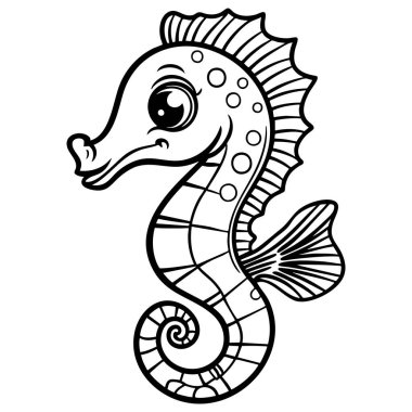 Sarmal kuyruklu, etkileyici gözlü, okyanus temalı boyama kitapları ve çizimler için ideal bir deniz atı.