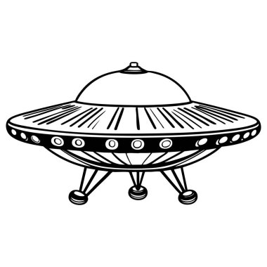 Klasik uçan daire UFO 'su. Kubbeli, ışıklı ve iniş bacaklı. Uzaylı temalı sanat ve boyama kitapları için mükemmel.