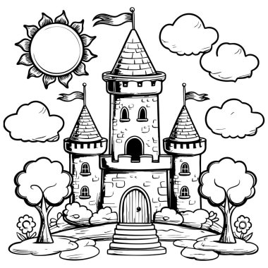 Ağaçlar, bulutlar ve gülümseyen bir güneşle çevrili tuhaf bir fantezi şatosu. Hikaye anlatma ve renklendirme için mükemmel.