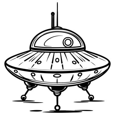 İniş bacakları ve antenli Retro tarzı UFO çizgi filmi bilim kurgu temalı renkler için idealdir.