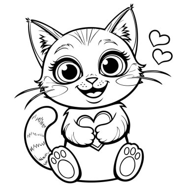 Aşk sembolleriyle çevrili, çocuklar tarafından renklendirilmeye hazır bir kalbi olan mutlu bir yavru kedi.