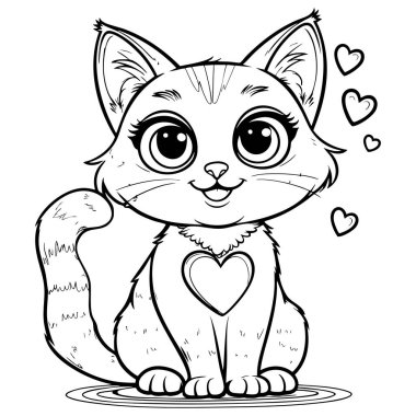 Sevimli karikatür kedisi kalp işaretli ve boyamak için büyük parlak gözleri var.
