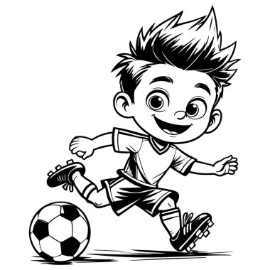 Neşeli bir ifadeyle ve dikenli saçlarıyla futbol oynayan enerjik çizgi film çocuğu, spor renkleri için mükemmel.