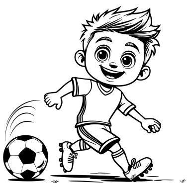 Mutlu küçük bir çocuk heyecan ve enerjiyle bir futbol topunu tekmeliyor.