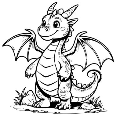Kanatları ve pulları olan sevimli ejderha, küçük maceracılar tarafından renklendirilmeye hazır.