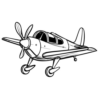 Pervaneli ve iniş takımlı siyah beyaz uçak illüstrasyonu