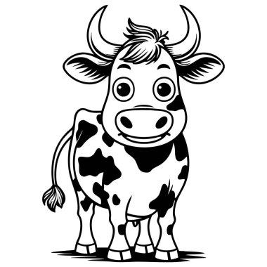 Dost canlısı çizgi film boğa ineği neşeli bir ifadeyle ayakta duruyor