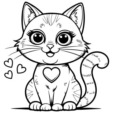 Göğsünde kalbi olan sevimli bir kedi resmi, çocukların eğlenmesi ve yaratıcı aktivitelerden zevk alması için mükemmel.