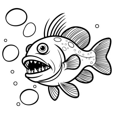 Keskin dişleri ve baloncukları olan çizgi filmlerdeki kızgın balıklar, okyanus temalı çocuklar için mükemmel sayfaları boyamak ve eğlenmek için.
