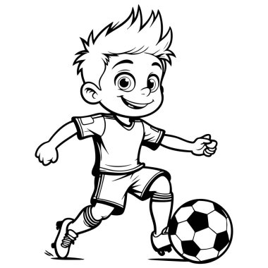 Futbol oynayan neşeli çizgi film çocuğu, çocukları boyamak ve spor temalı eğlence için siyah beyaz çizilmiş.