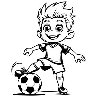 Futbol kıyafetleri içinde, bir ayağı topta gülümseyen ve poz veren yakışıklı çizgi film çocuğu, oynamaya ve dışarıda eğlenmeye hazır.