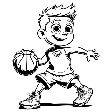 Basketbol oynayan sevimli çizgi film çocuğu topu sürerken gülümsüyor, bir sonraki büyük hamleye hazır.