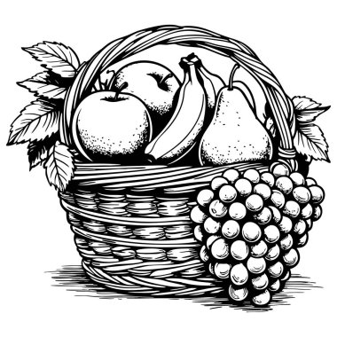 Elmalar, muzlar, armutlar ve üzümlerle dolu bir sepet. Yemek temalı renklendirme sayfaları için ideal.