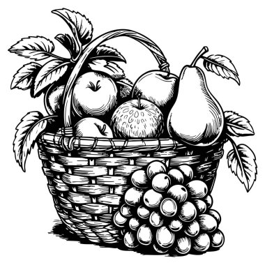 Elma, armut ve yapraklı üzüm içeren bir meyve sepeti.