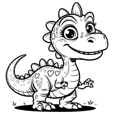 Sevimli bir bebek dinozor, kalp lekeleri ve dostane bir gülümsemesi var. Renklendirmek için mükemmel.