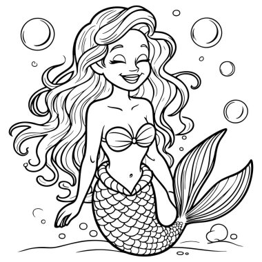 Uzun dalgalı saçları ve deniz kabuğu sütyeniyle büyüleyici bir denizkızı, suyun altında neşeyle gülümsüyor.