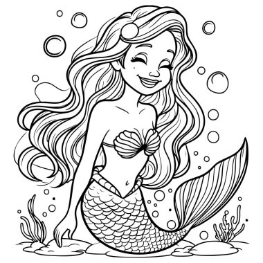 Dalgalı saçları ve kabuğu olan mutlu denizkızı su altı bitkilerinin ve kabarcıklarının arasında oturuyor.