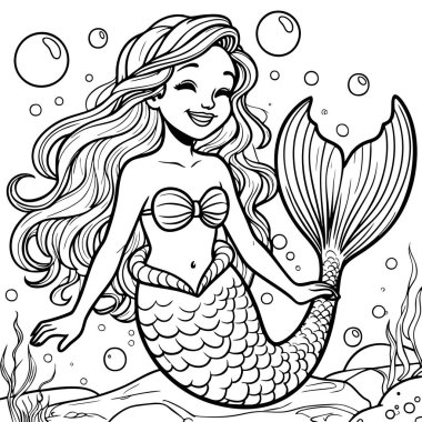Uzun dalgalı saçları ve deniz kabuğu gibi tebessümleri olan mutlu bir denizkızı. Çocukların okyanus temalı renklendirme aktiviteleri için mükemmel