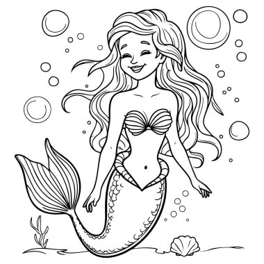 Deniz kabarcıkları ve su altı cazibesiyle çevrili şirin deniz kızı çizimi.