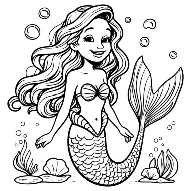 Uzun dalgalı saçları ve deniz kabuğuyla su altında eğlenceli bir sahnesi olan tatlı bir deniz kızı.