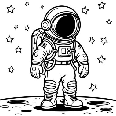 Ay 'da kostümlü uzay kaşifi, yıldızlar ve eğlenceli detaylarla çevrili.