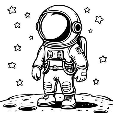 Ay 'da yıldızları olan sevimli bir astronot. Boyama kitapları ya da uzay temalı çizimler için mükemmel.