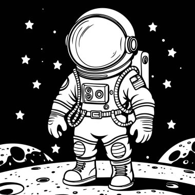 Astronot siyah uzay gökyüzünde sırt çantalı ve yıldızlı bir takım elbise giyiyor