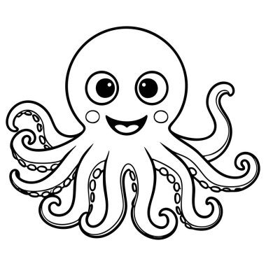 Kocaman gözleri olan sevimli gülen ahtapot çizgi filmi, çocuk boyama kitapları ve deniz hayatı temalı eğitim için mükemmel.