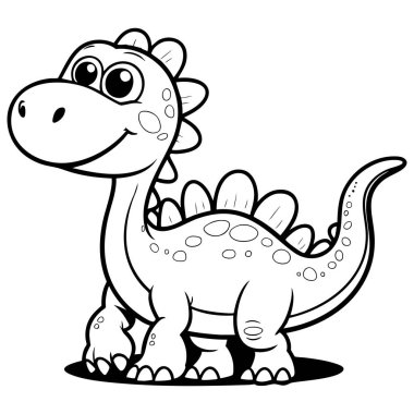 Büyük gözleri ve pulları olan mutlu çizgi film dinozoru, çocuk boyama sayfaları ve tarih öncesi temalı öğrenme için harika.