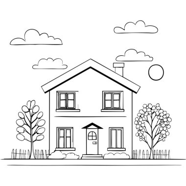 Ağaçlı, güneşli, bulutlu ve pencereli bir evin çizgi çizimi eğlence ve öğrenme için.