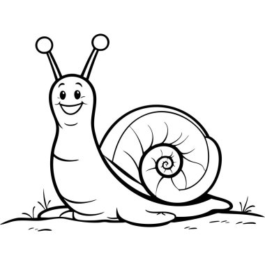 Şirin bir salyangoz, neşeli bir yüz, büyük dost gözleri, ve sarmal kabuk detayı bir parça çimen üzerinde duruyor, çocuk boyası için mükemmel.