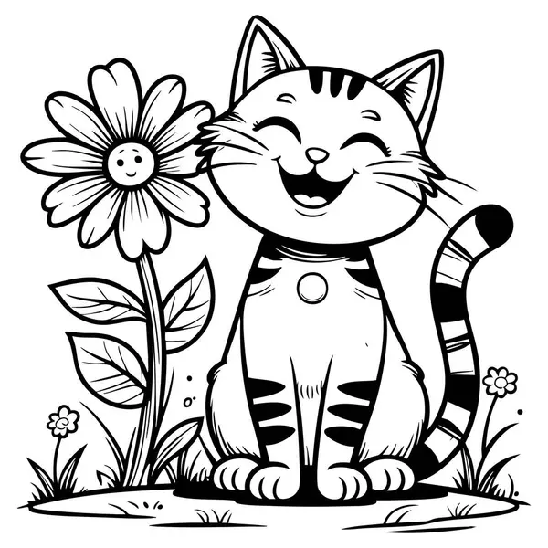 Mutlu bir çiçeğin yanında oturan neşeli bir kedi huzurlu bir bahçede, boyama zamanı için mükemmel.