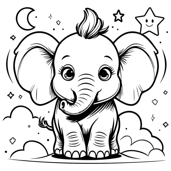 Gece gökyüzünün altında yıldızlarla ve bulutlarla tatlı bir bebek fil duruyor.