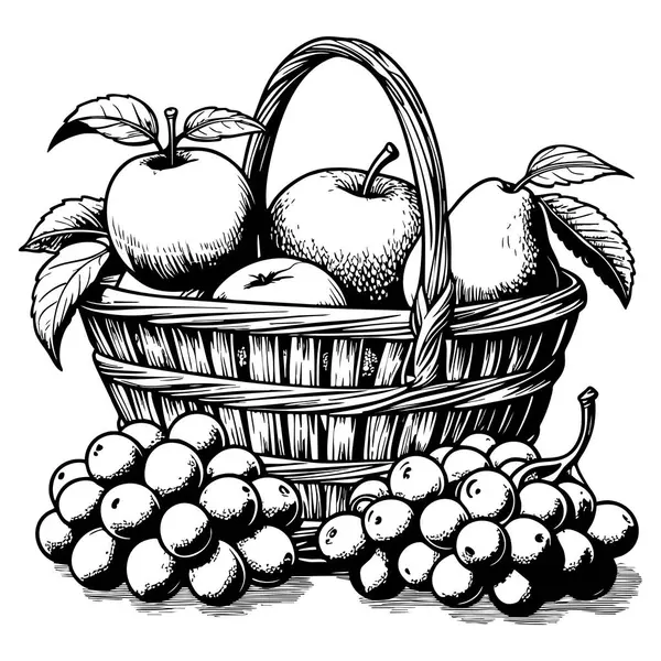 Elma, üzüm ve yapraklarla dolu, meyve temalı renklendirme sayfaları için idealdir.