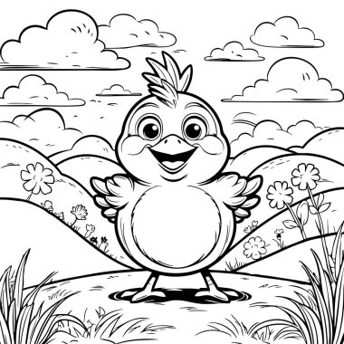 Kanatları geniş şirin bir kuş çiçeklerle çayırda duruyor ve bulutlu gökyüzünün altında tepeler.