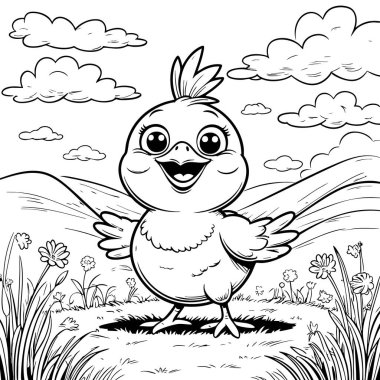 Mutlu çizgi film pilici çim çayırında duruyor dağlarda çiçekler ve bulutlu gökyüzü